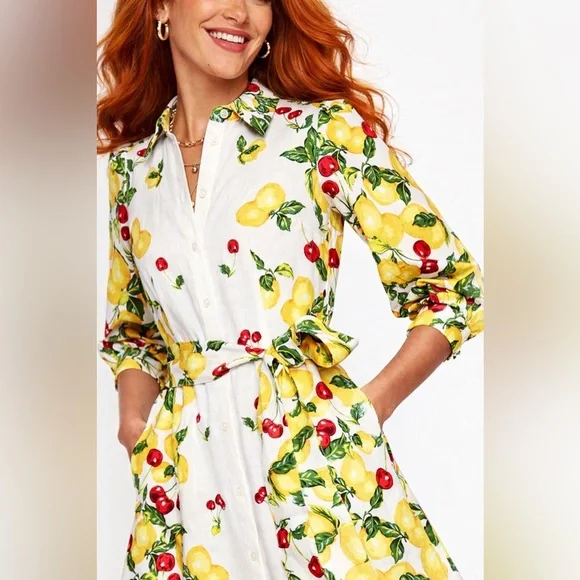 Boden Clara Linen Blend Shirtdress Lemon Cherry Fruit Print NWT Rare US10 UK14 - Picture 3 of 11
